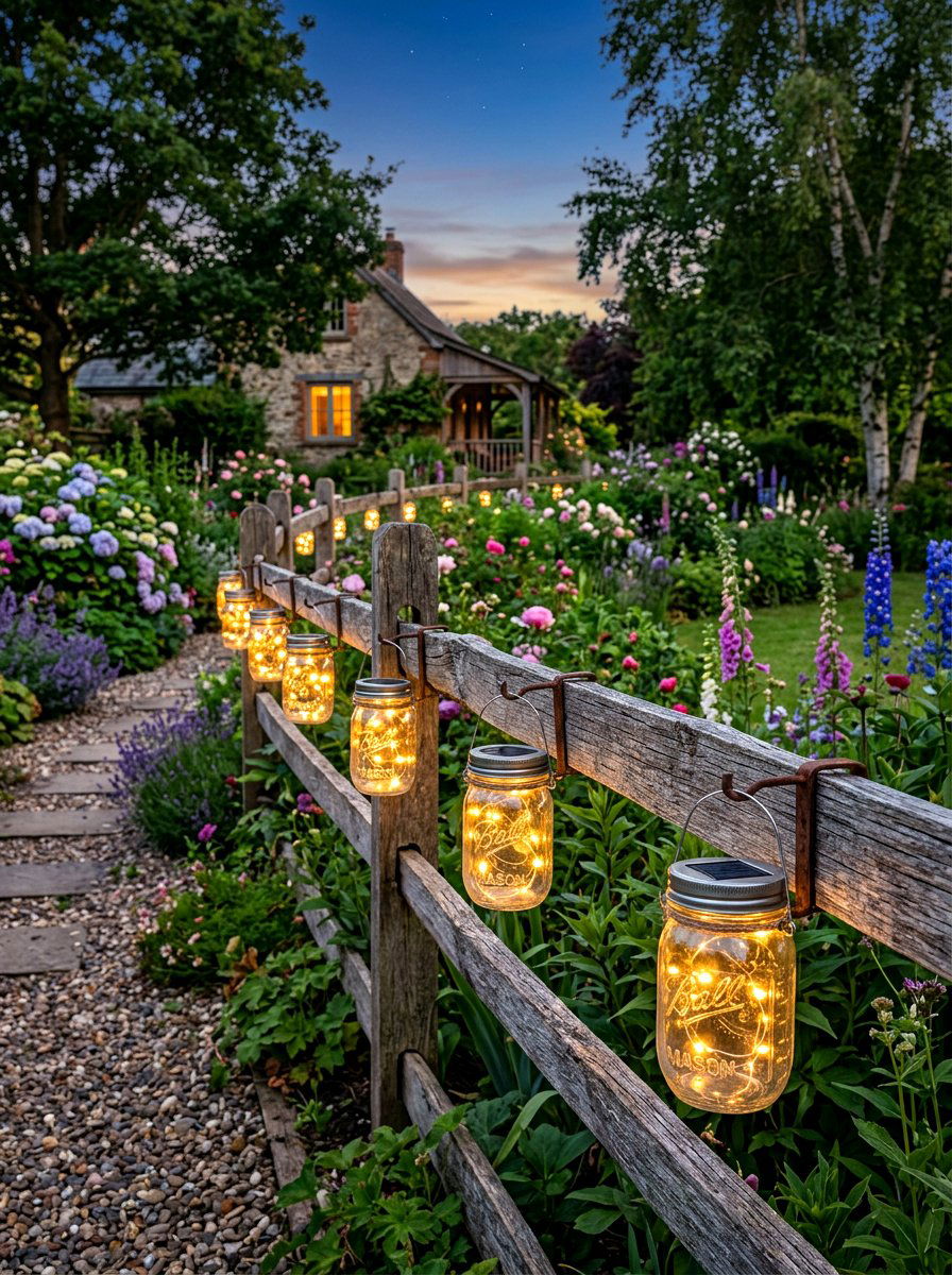 Mason jar fence lights - 30 fence lighting ideas