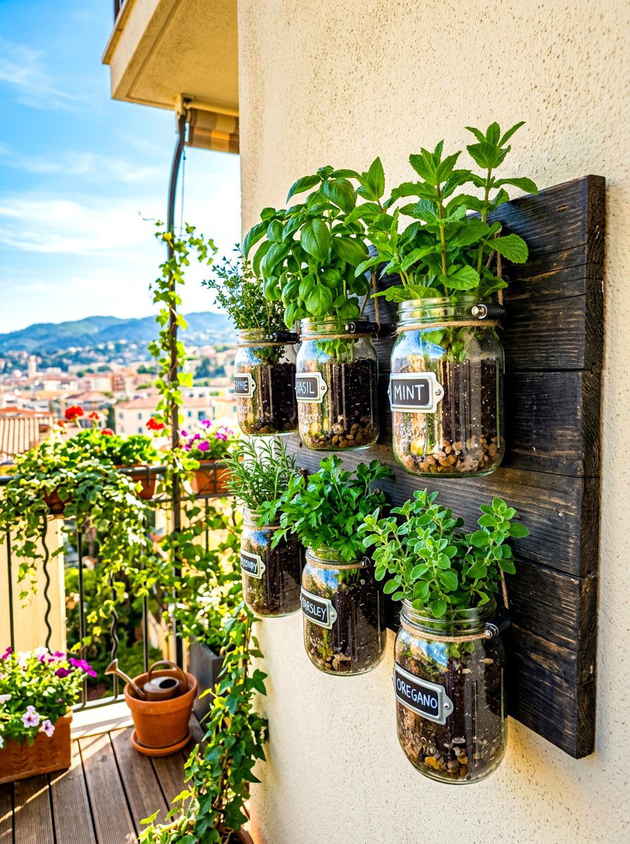 Mason jar herb garden - 30 balcony herb box ideas