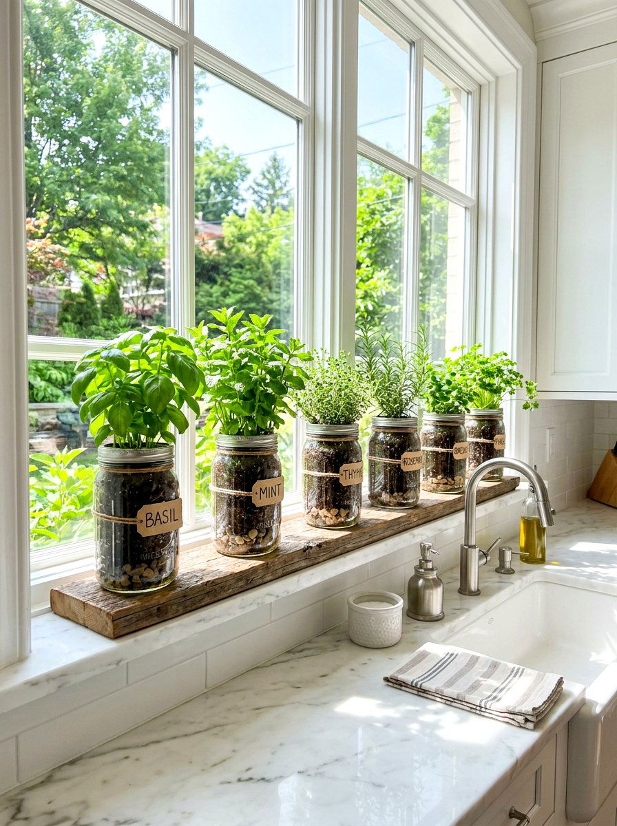 Mason jar herb garden - 30 windowsill herb garden ideas