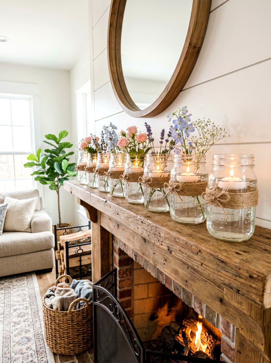 Mason jar mantel - 30 summer mantel decor ideas