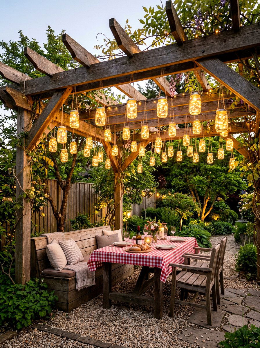 Mason jar pergola - 30 pergola lighting ideas
