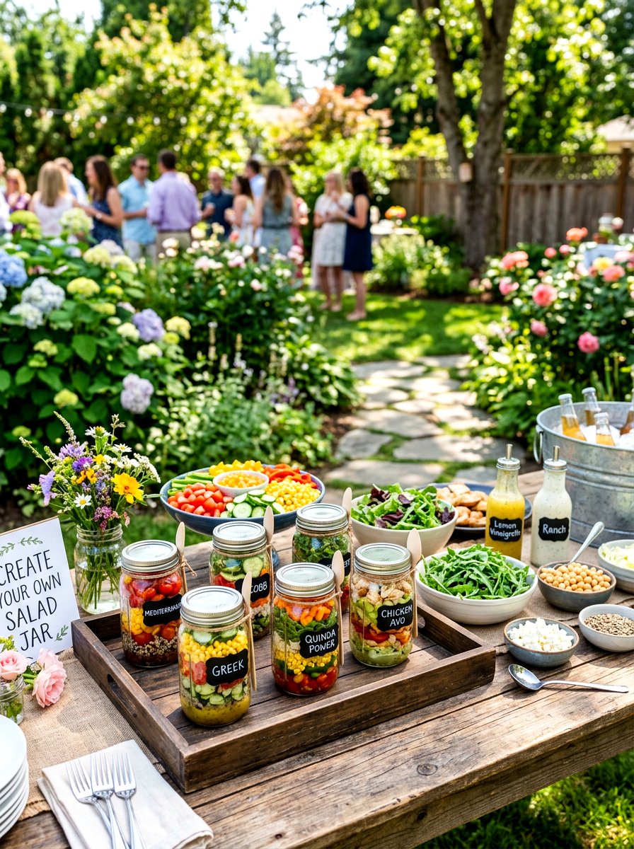 Mason jar salad serving station - 30 garden salad tablescape ideas