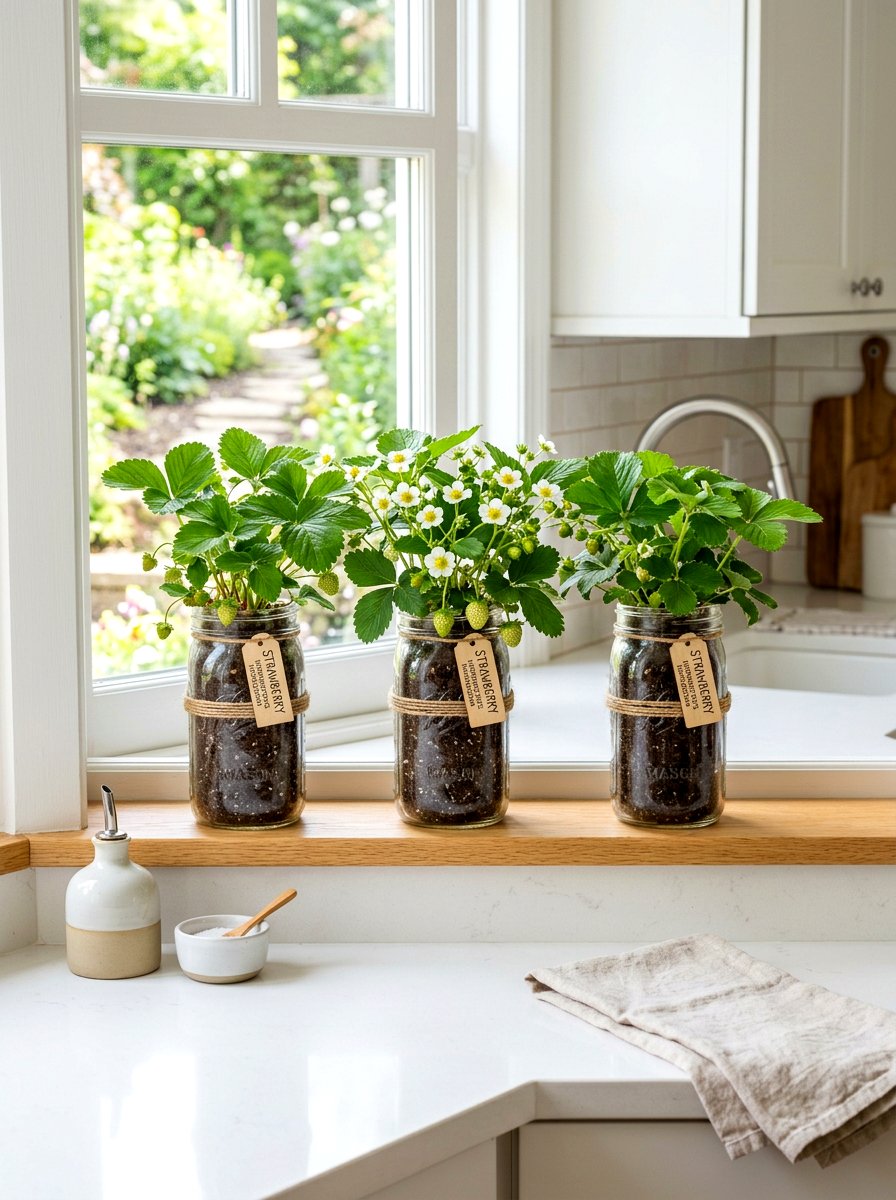 Mason jar strawberry herb garden - 30 strawberry planter ideas