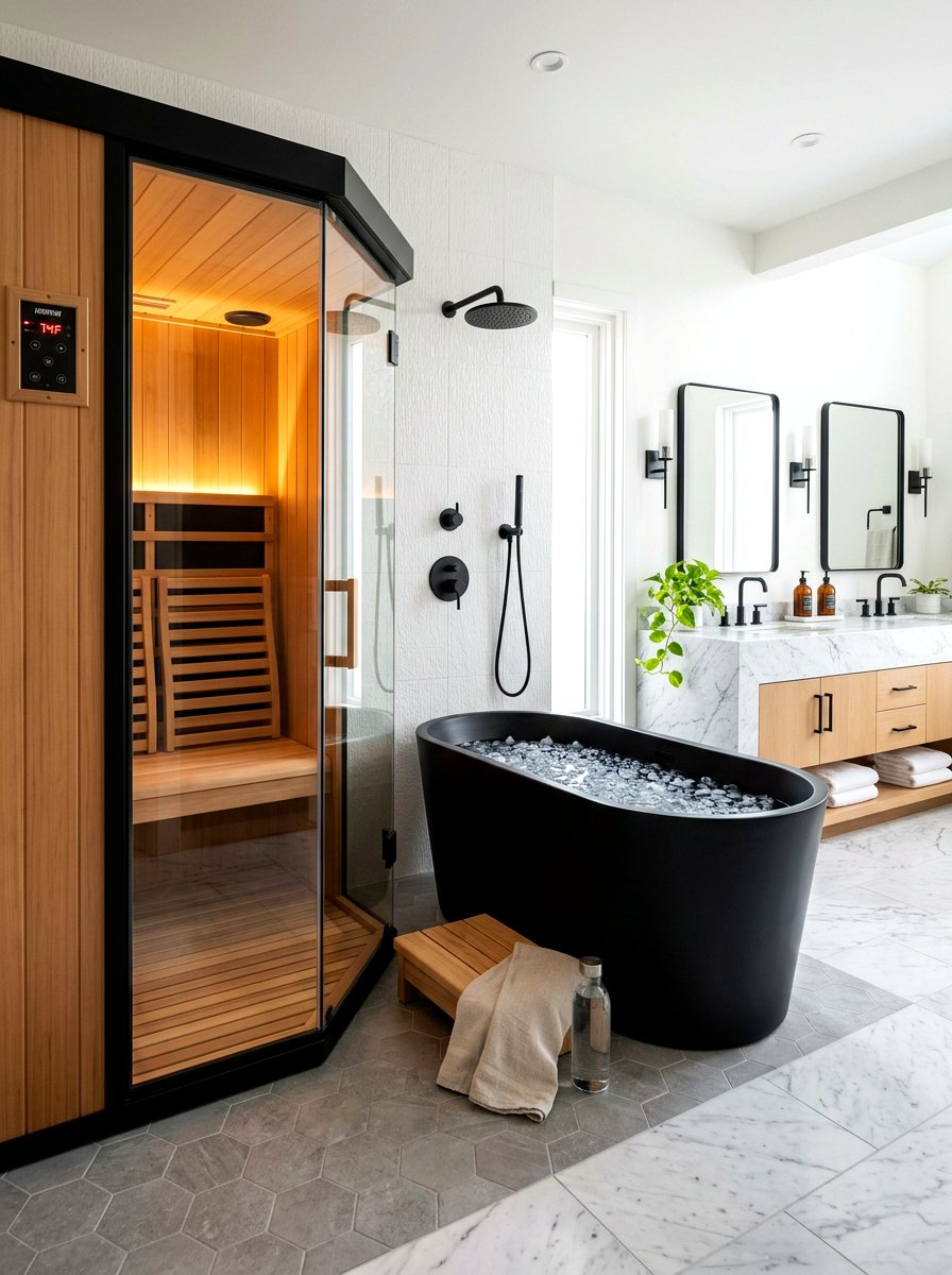 Master bathroom wellness corner - 30 contrast therapy room ideas