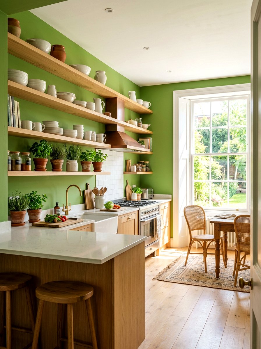 Matcha Green Open Shelving - 30 matcha kitchen ideas
