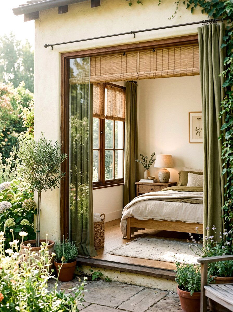 Matchstick Blind With Olive Green Curtains - 30 blind and curtain combo ideas