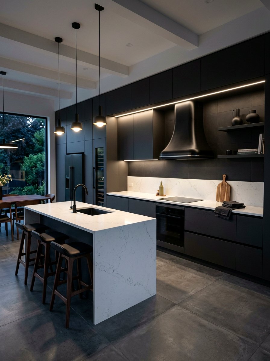 Matte Black Bell Hood Kitchen - 30 rounded kitchen hood ideas