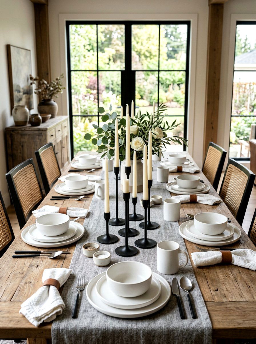 Matte Black Candlestick Layout - 30 farmhouse table decor ideas