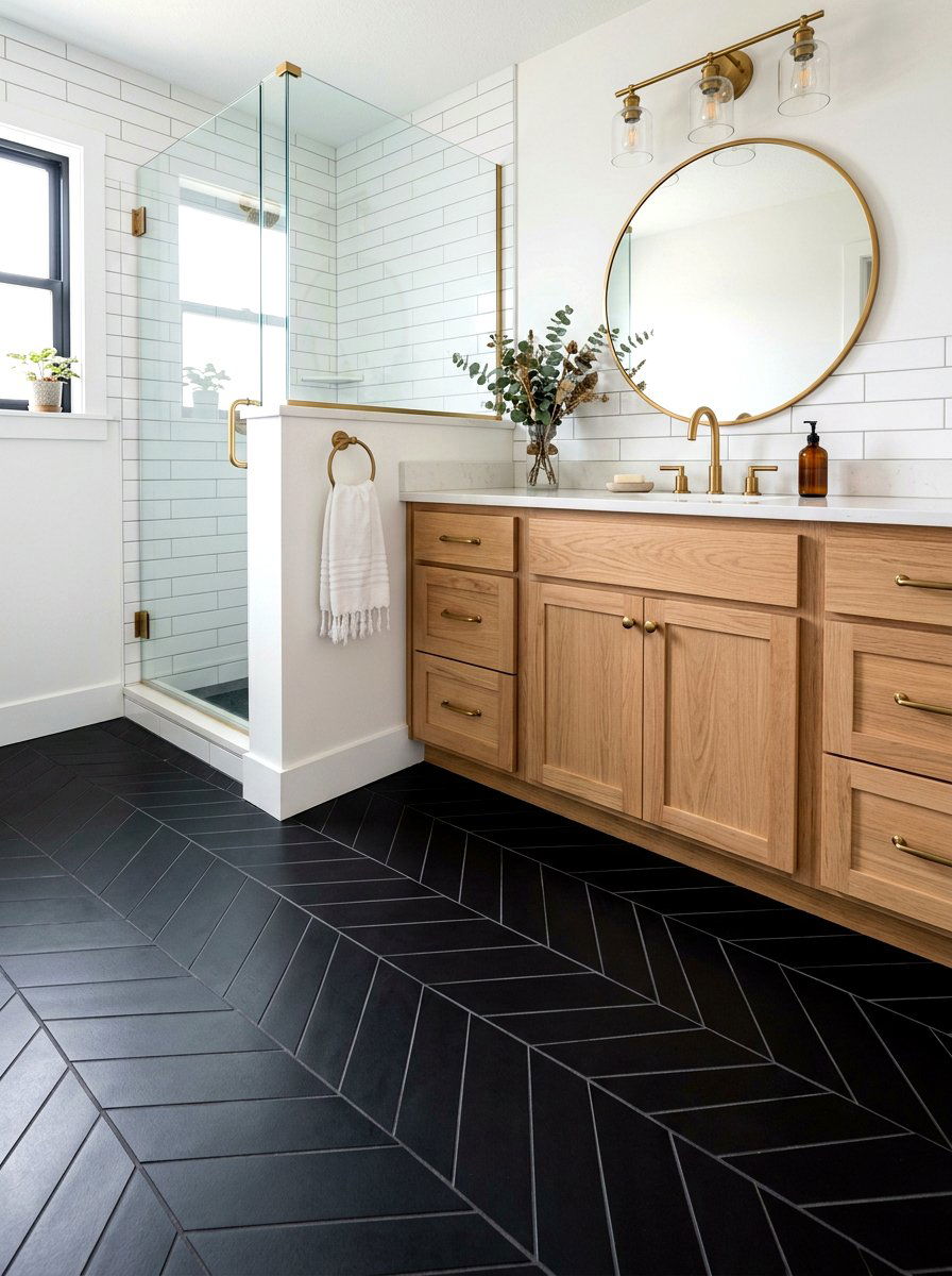 Matte Black Chevron Floor Tile - 30 colorful bathroom tile ideas