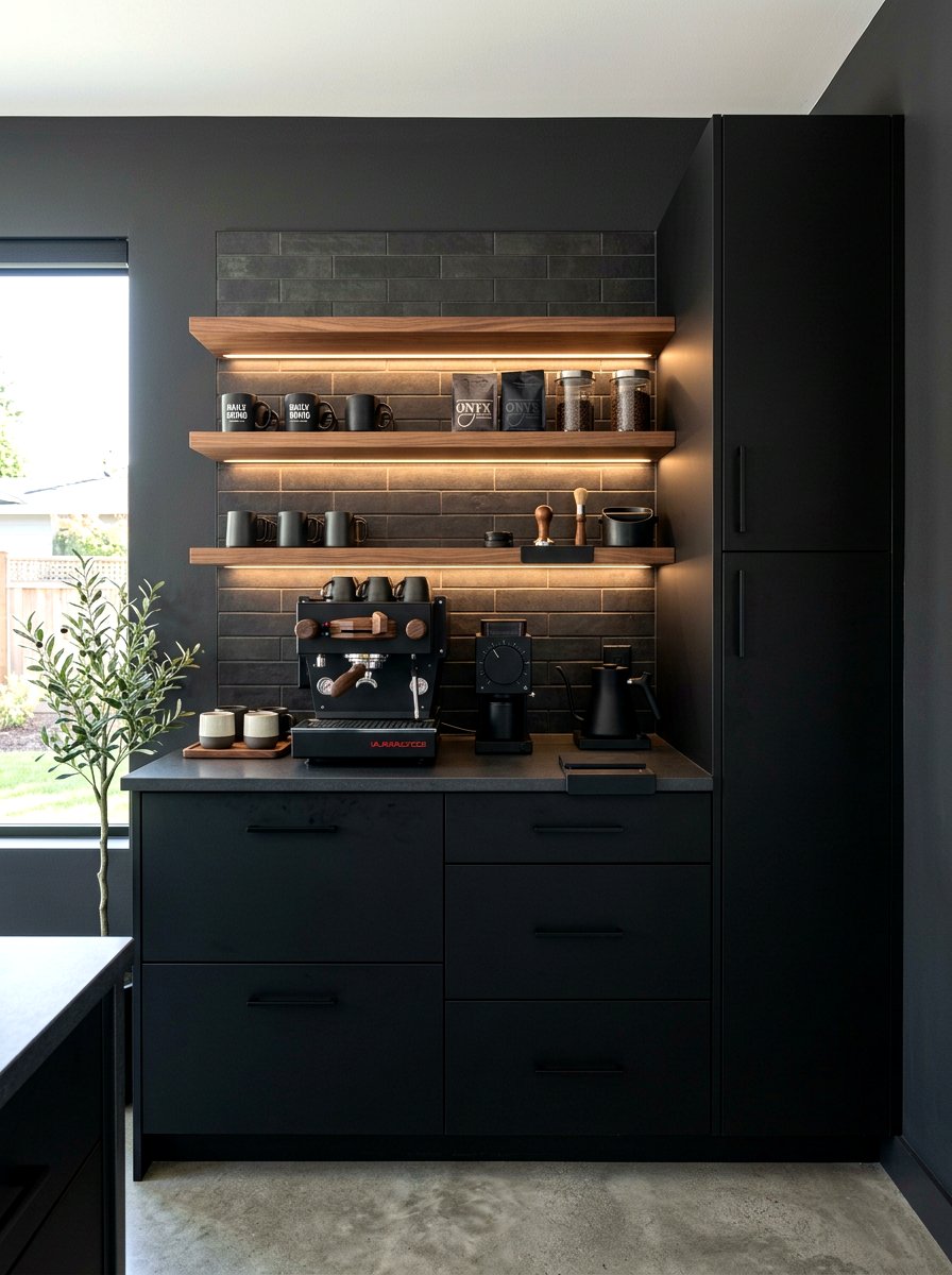 Matte Black Coffee Station - 30 coffeehouse kitchen corner ideas