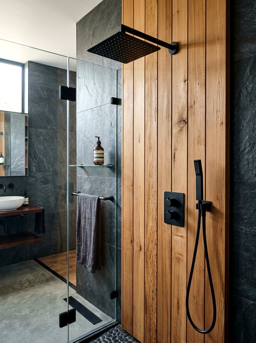 Matte Black Fixtures With Natural Wood - 30 sauna inspired bathroom ideas