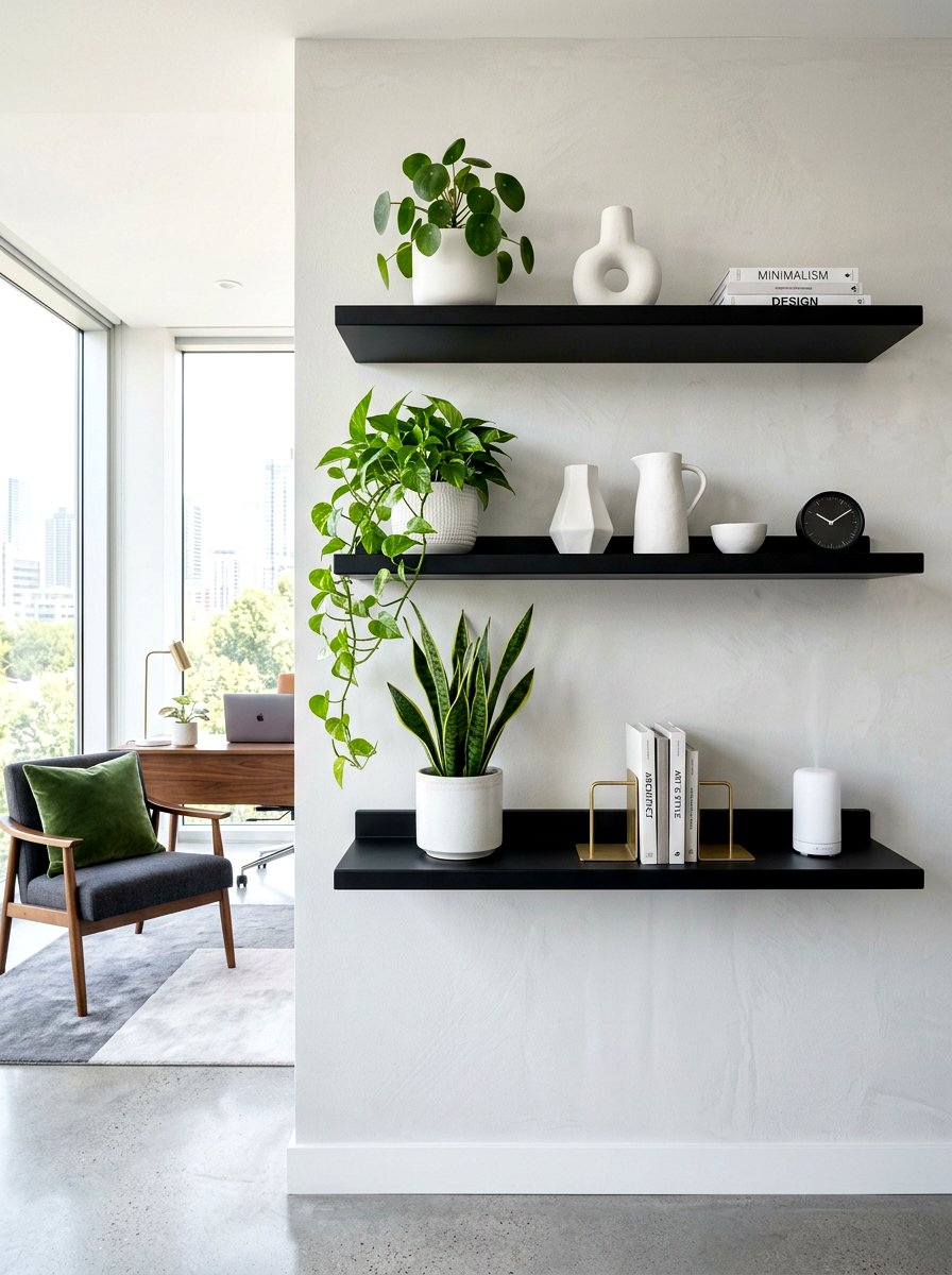 Matte Black Floating Shelves - 30 office backdrop shelf ideas