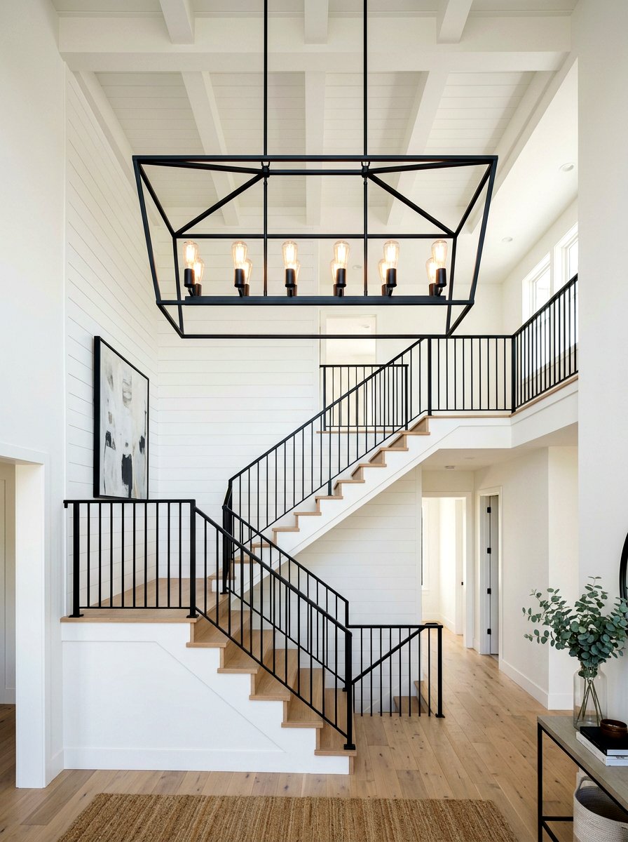 Matte Black Geometric Frame - 30 stairway chandelier ideas