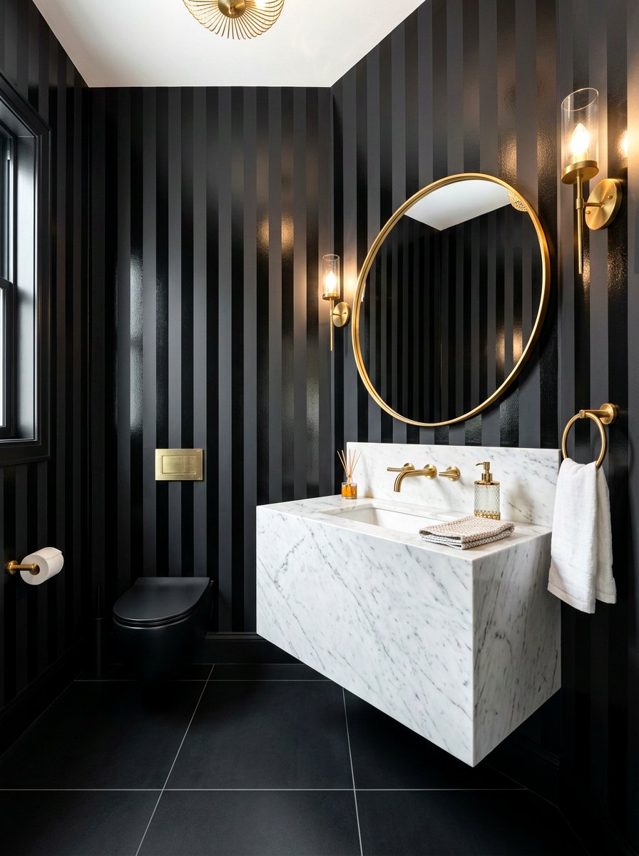 Matte Black Glossy Black Stripe Wall - 30 stripe powder bath ideas