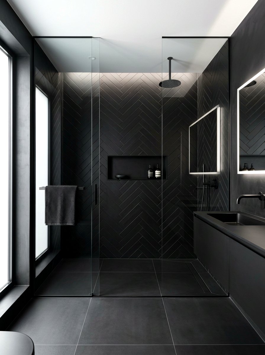 Matte Black Herringbone Shower - 30 herringbone shower tile ideas