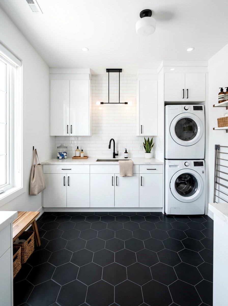 Matte Black Hex Tile - 30 laundry room floor tile ideas