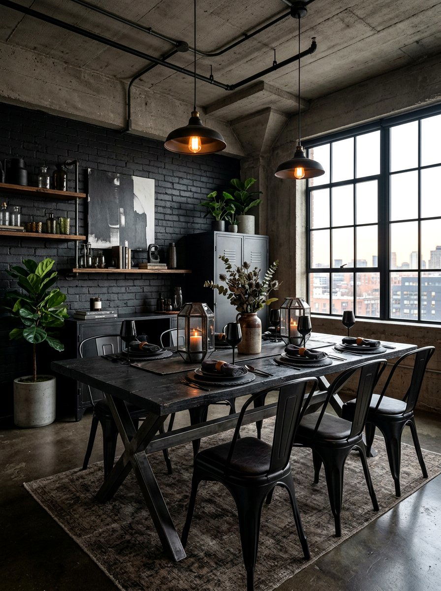 Matte Black Industrial Table - 30 layered tablescape dining ideas