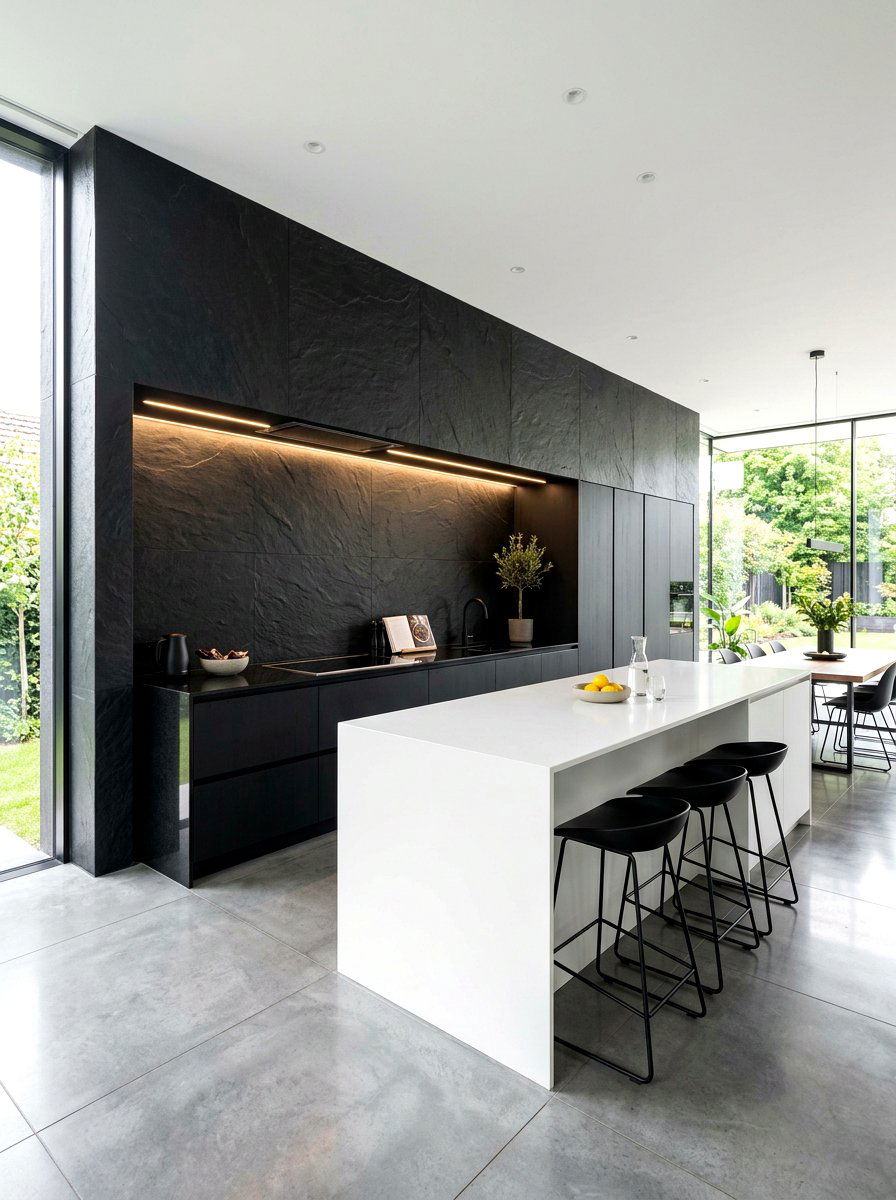 Matte Black Stone Wall - 30 full slab stone wall kitchen ideas