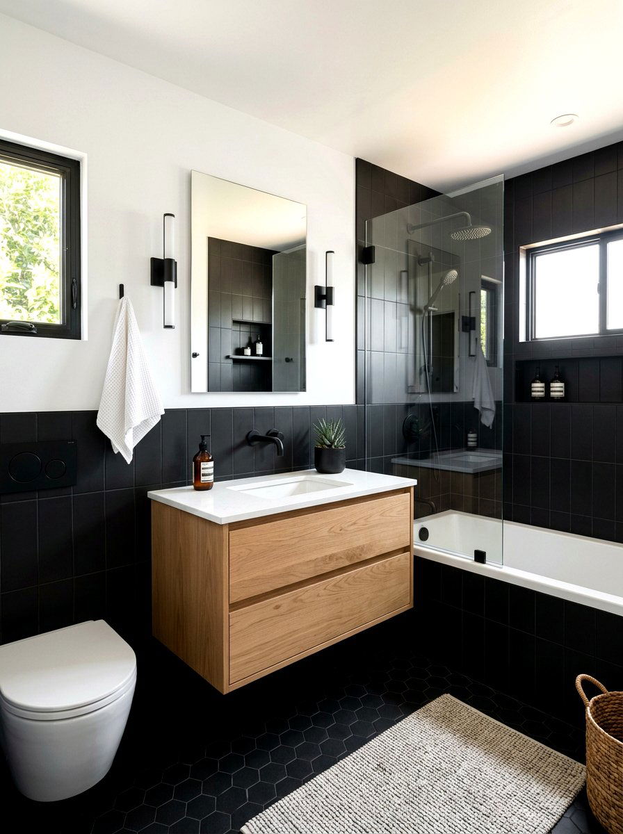 Matte Black Tile Bathroom - 30 half tiled bathroom ideas