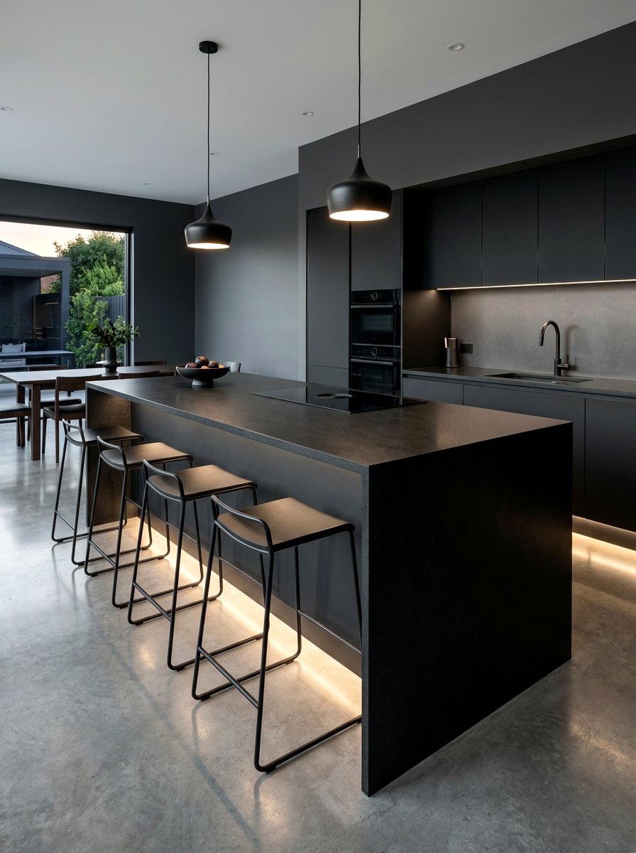 Matte Black Waterfall Island - 30 waterfall countertop ideas
