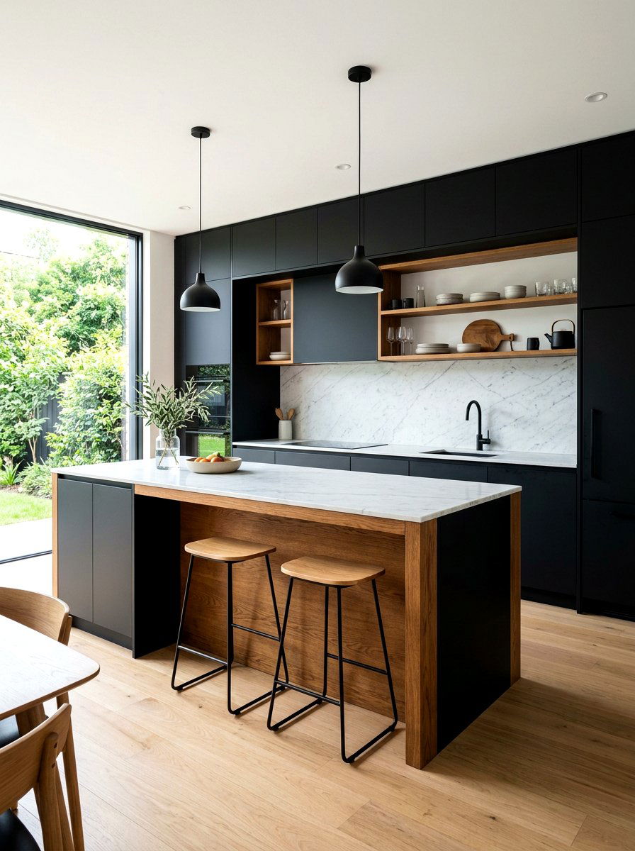 Matte Black and Warm Wood Kitchen - 30 stained and painted kitchen ideas