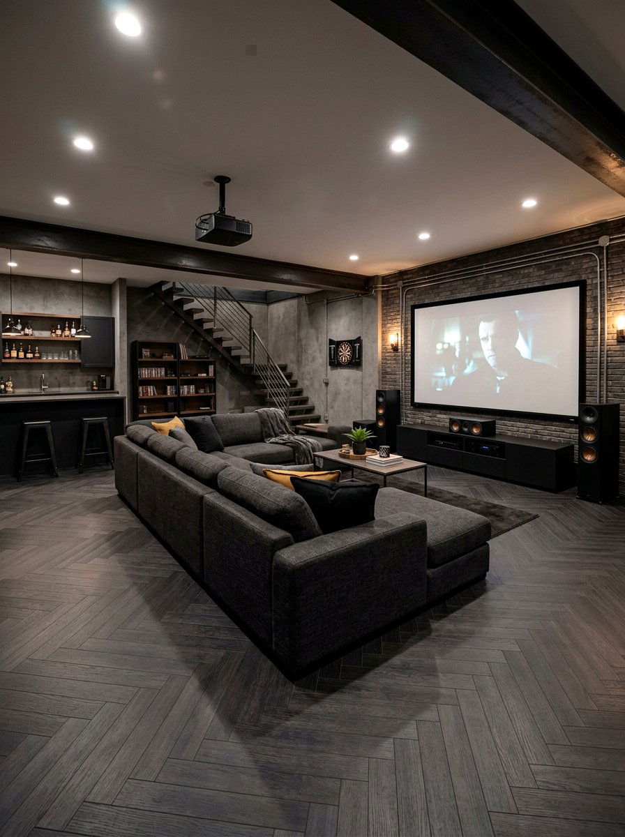 Matte Charcoal Herringbone Basement - 30 herringbone floor ideas