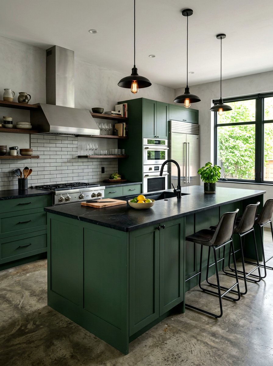 Matte Dark Green Island Black Countertop - 30 dark green kitchen island ideas