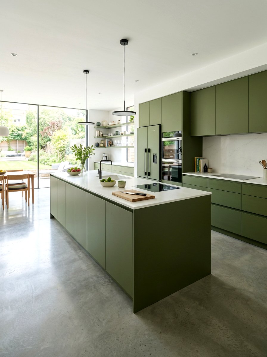 Matte Olive Green Handleless Kitchen - 30 olive green kitchen aesthetic ideas