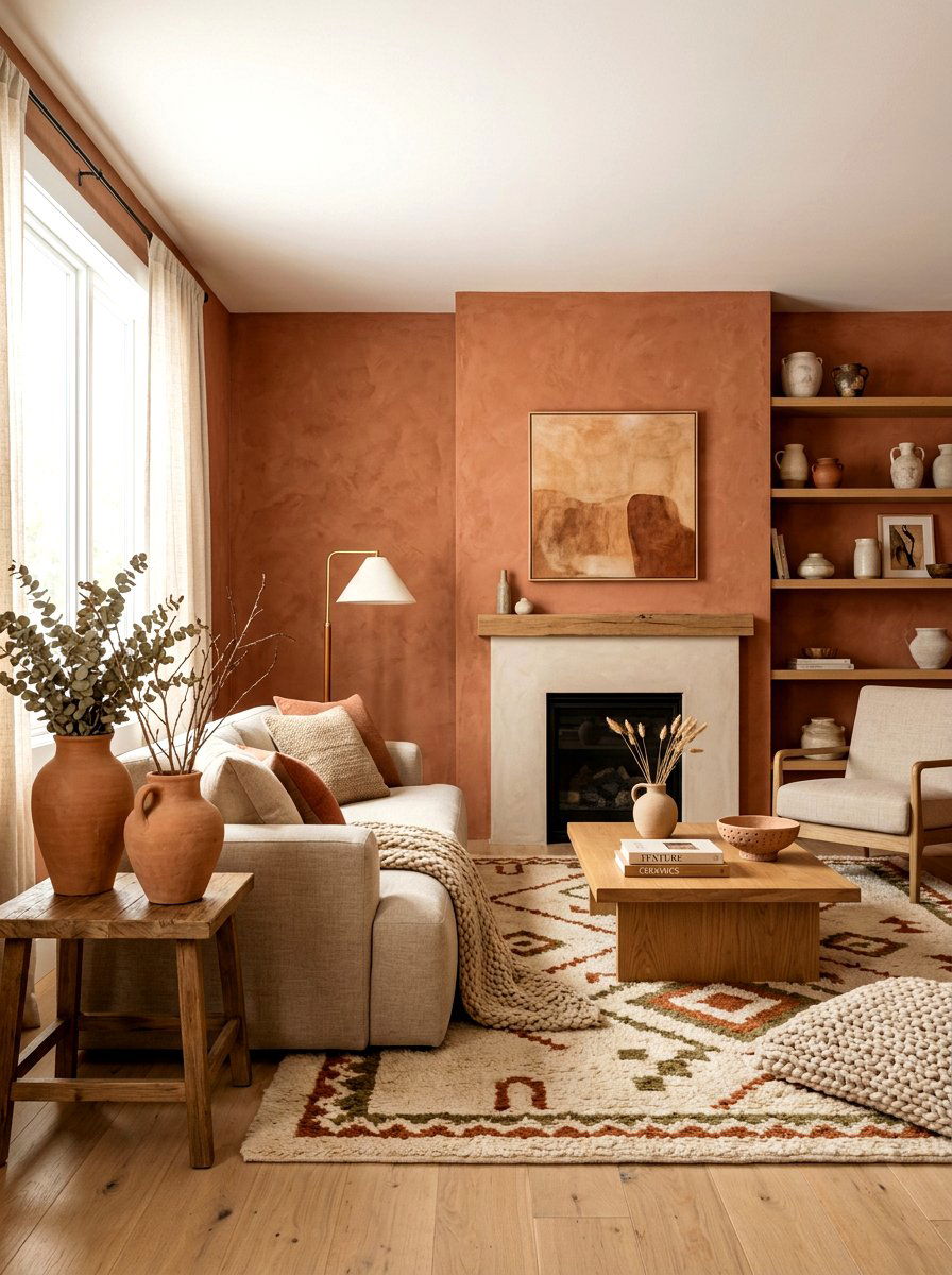 Matte Terracotta Wall Finish - 30 terracotta washed living room ideas