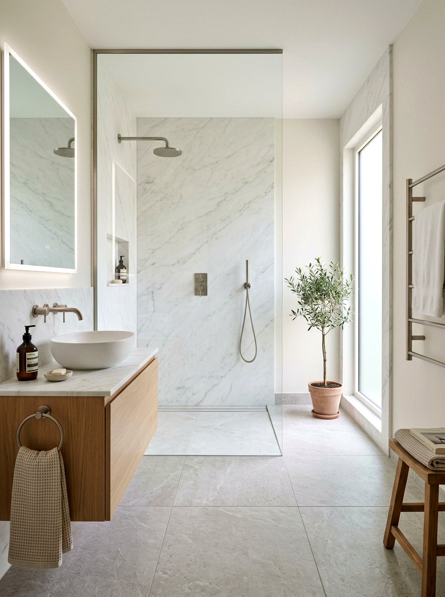 Matte White Marble Shower - 30 stone slab shower wall ideas