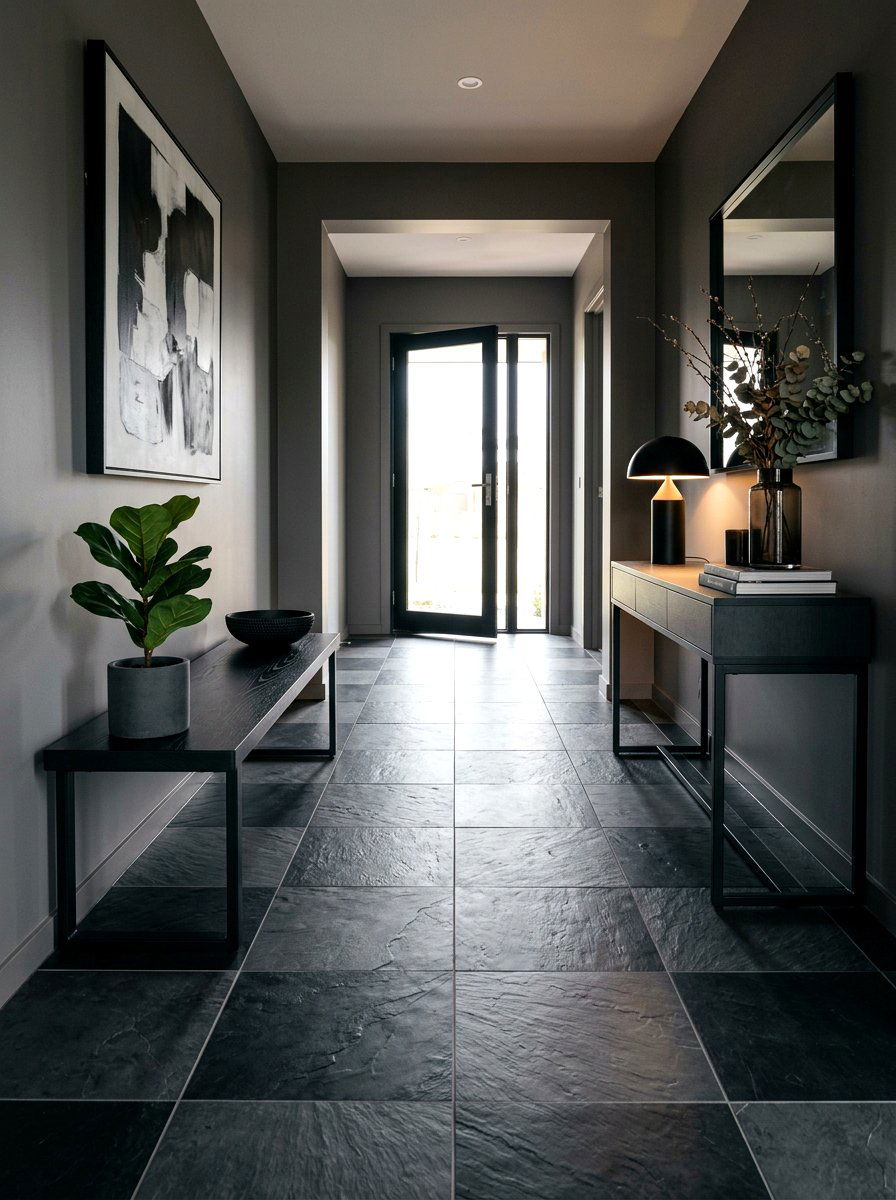 Matte black and charcoal foyer - 30 checkerboard foyer floor ideas
