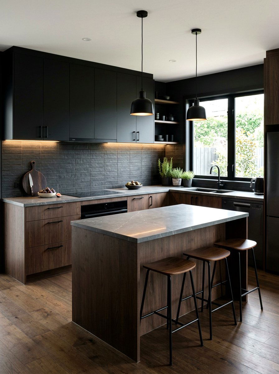 Matte black and dark wood kitchen - 30 dark wood kitchen ideas