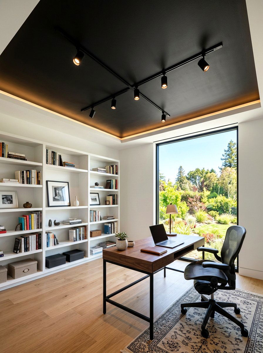 Matte black home office ceiling - 30 moody ceiling paint ideas