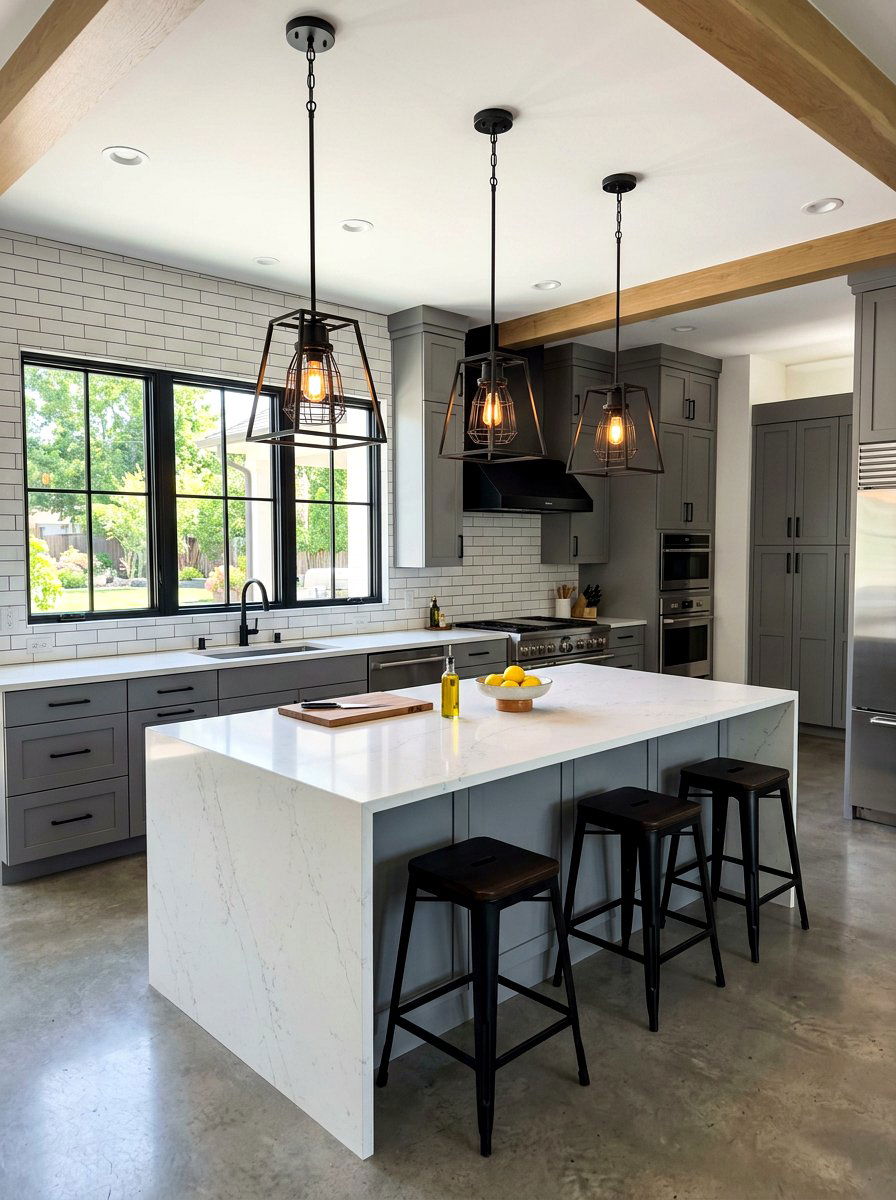 Matte black pendant lights - 30 industrial farmhouse kitchen ideas