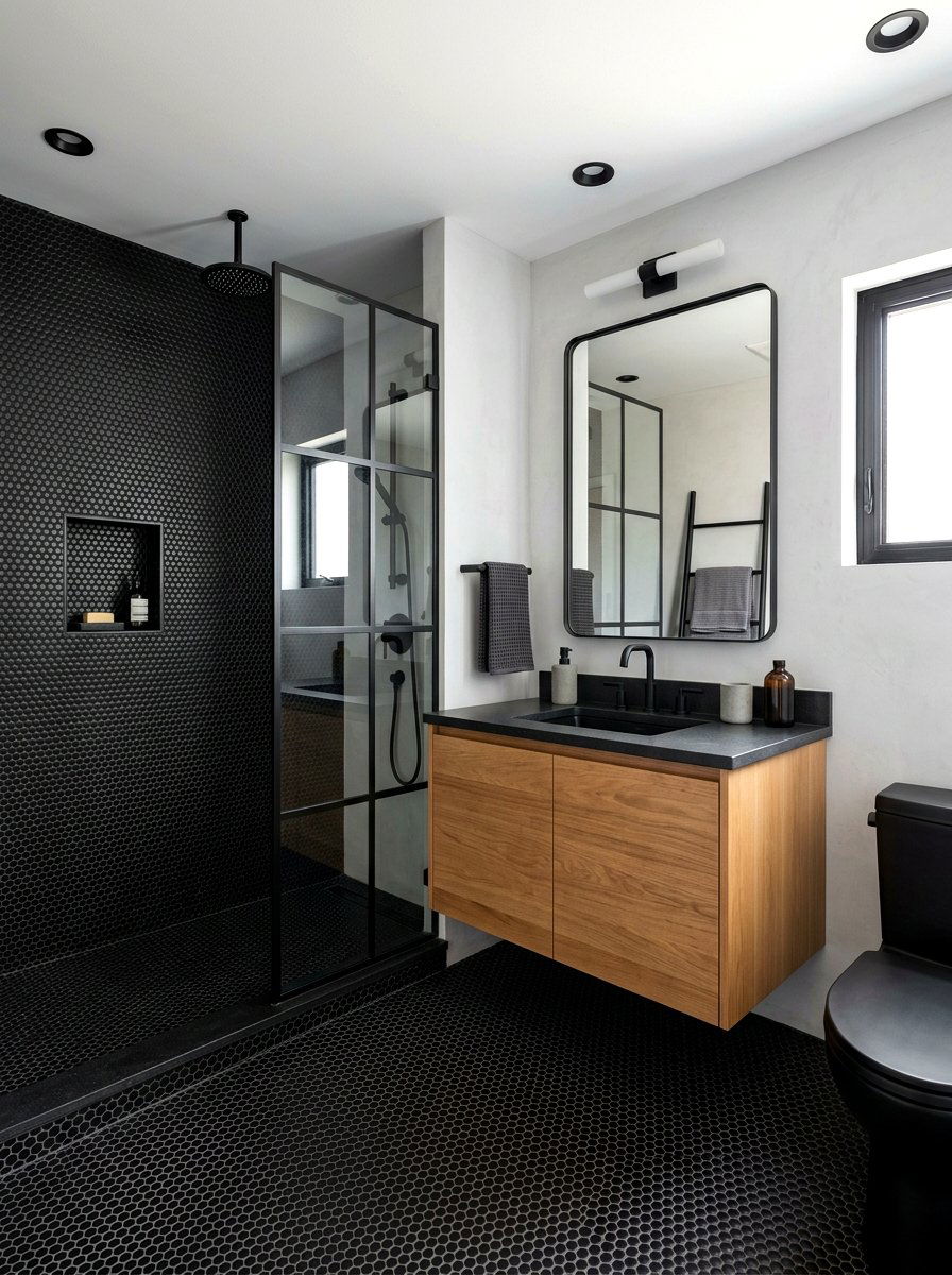 Matte black penny tile - 30 penny tile bathroom ideas