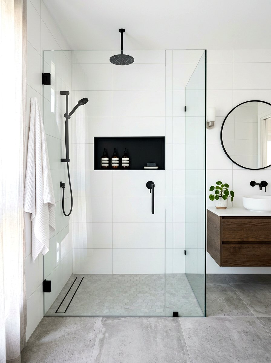 Matte black shower niche - 30 niche tile contrast ideas
