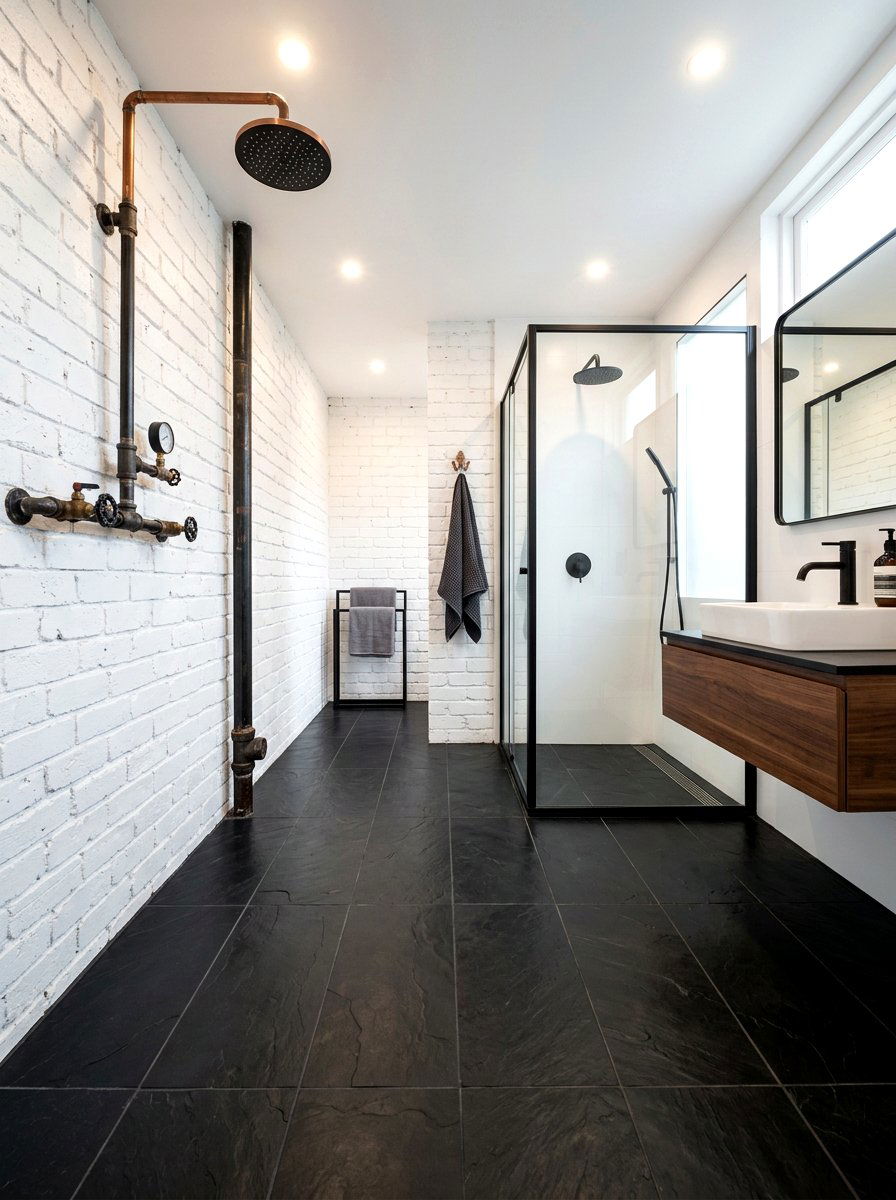 Matte black slate floor tile - 30 removable tile bathroom ideas