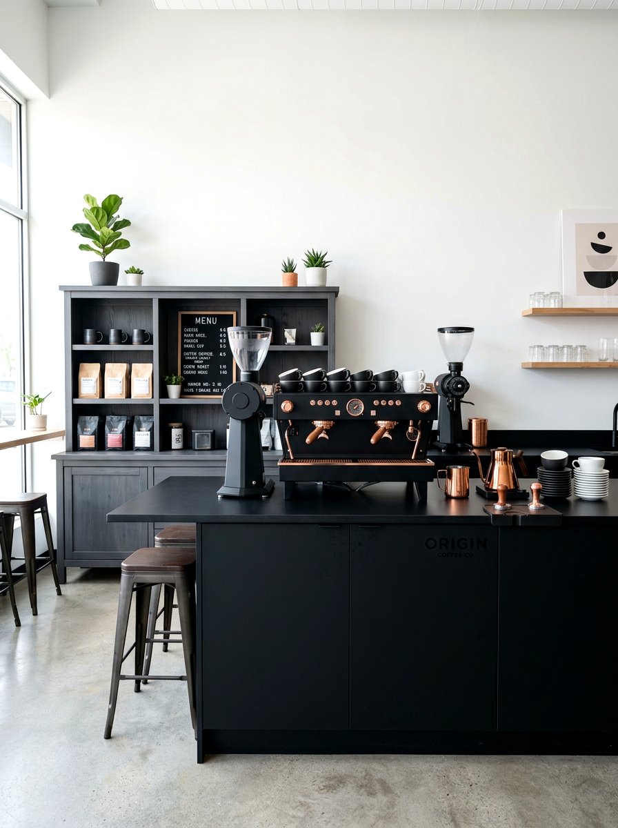 Matte black sleek coffee bar - 30 office coffee corner ideas