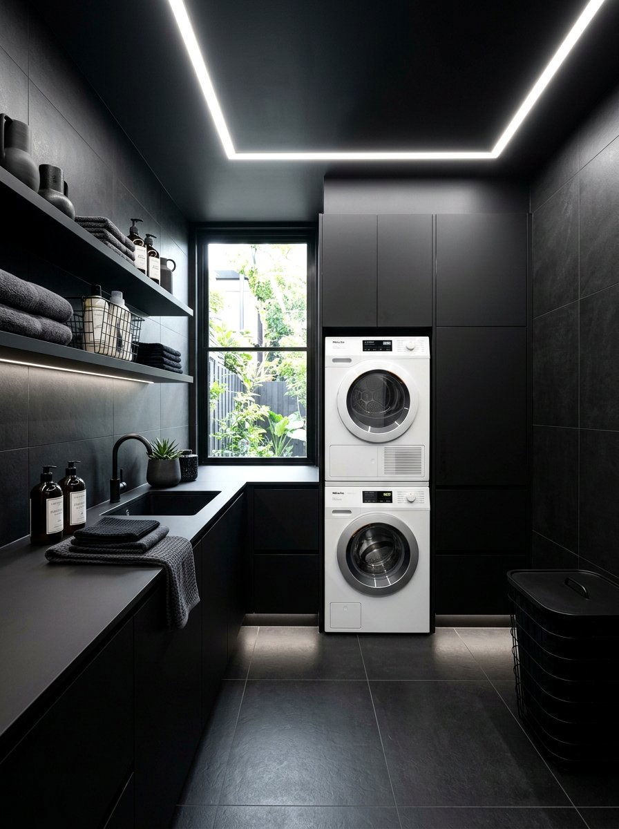 Matte black tile laundry - 30 laundry room backsplash ideas