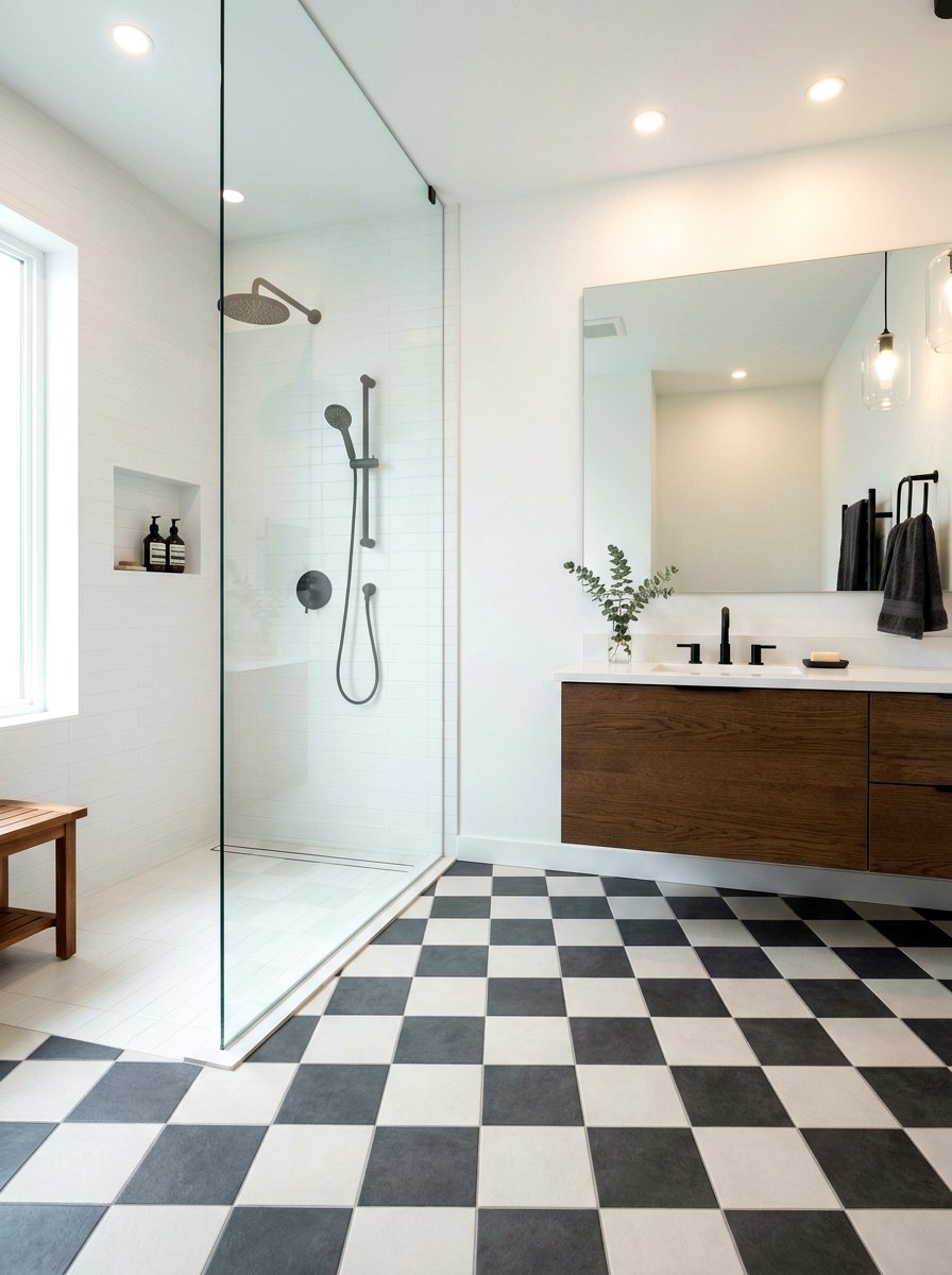 Matte finish ceramic checkered tile - 30 checkerboard bath floor ideas