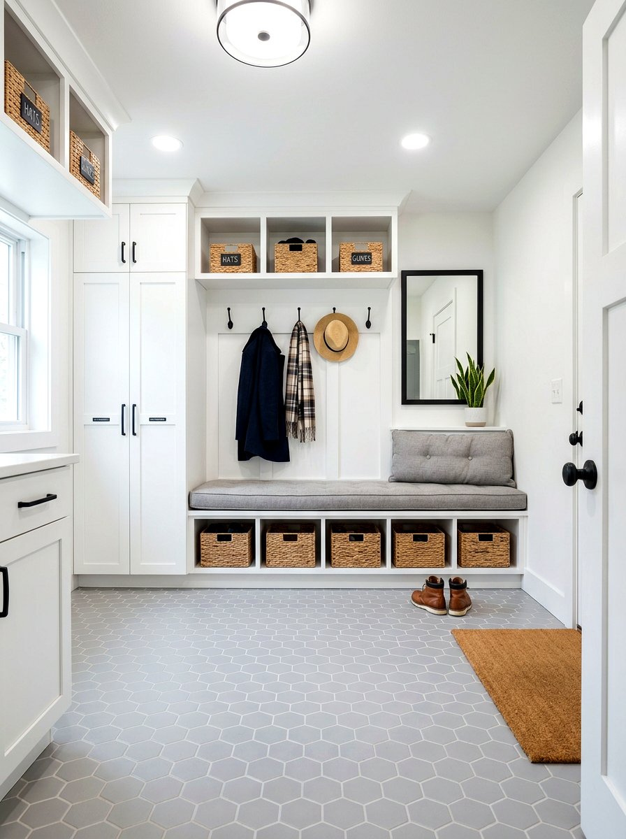 Matte hexagon floor tile - 30 patterned mudroom tile ideas