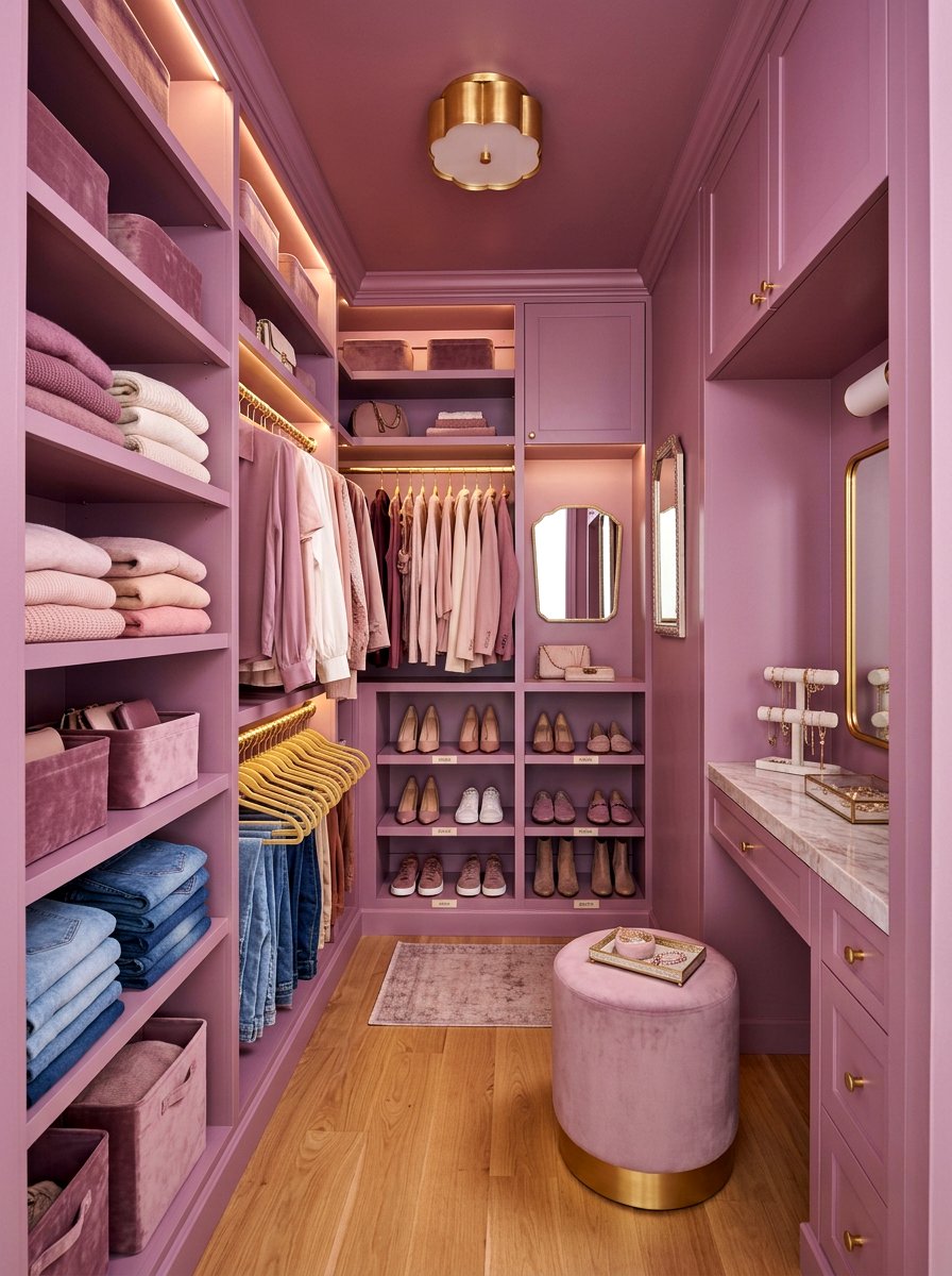 Mauve Tiny Walk In Closet - 30 color drenched small room ideas