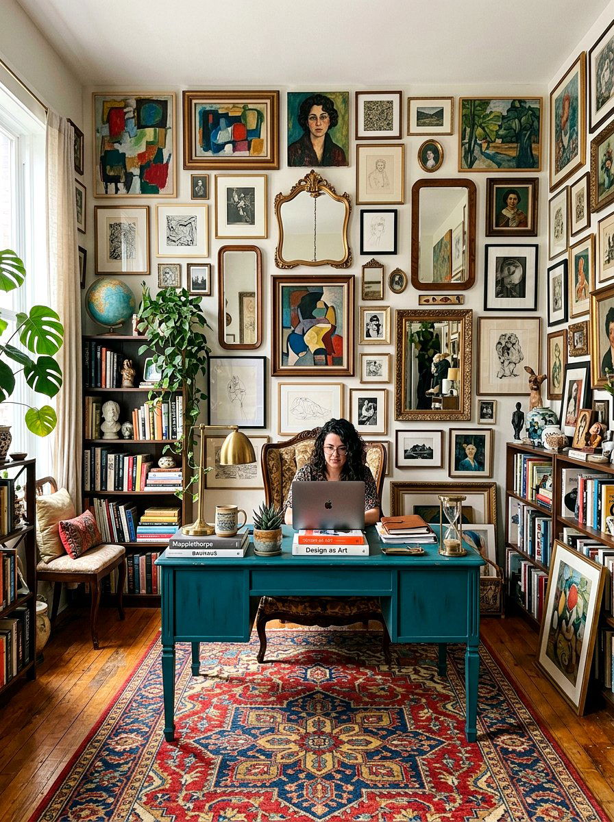 Maximalist Gallery Wall Office - 30 boutique studio office ideas