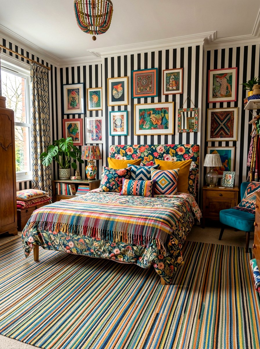 Maximalist Mixed Pattern Stripes - 30 candy stripe bedroom ideas