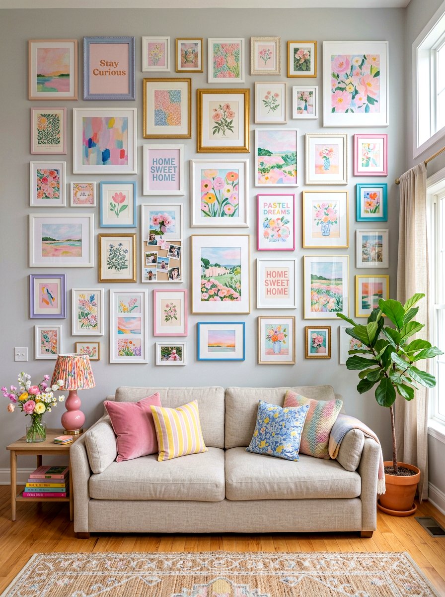 Maximalist Pastel Gallery Wall - 30 pastel home decor ideas