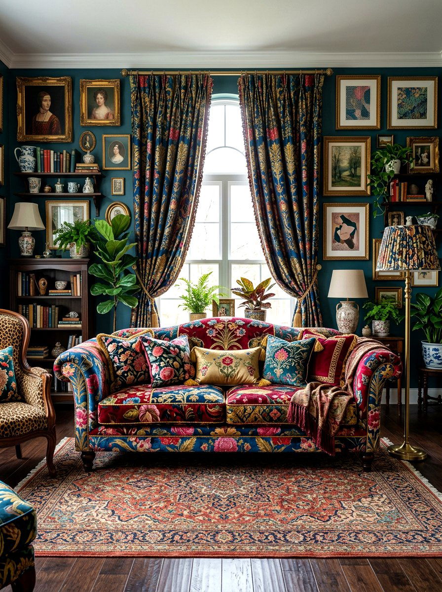 Maximalist Patterned Velvet Sofa - 30 velvet sofa ideas