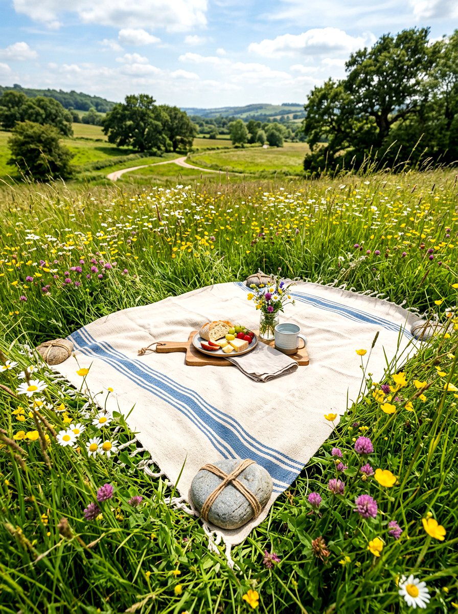 Meadow Picnic With Stone Weights - 30 picnic blanket corner ideas