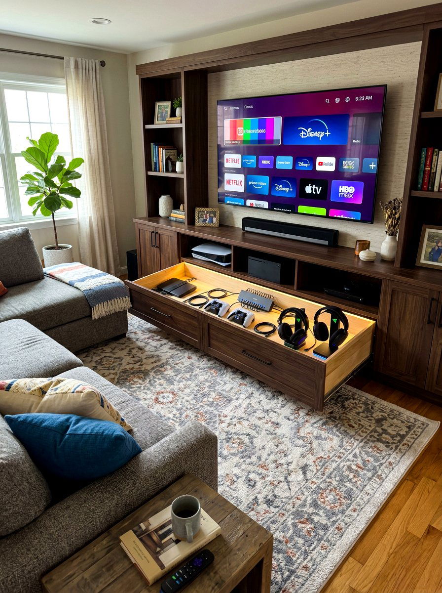 Media Center Charging Drawer - 30 hidden charging drawer ideas
