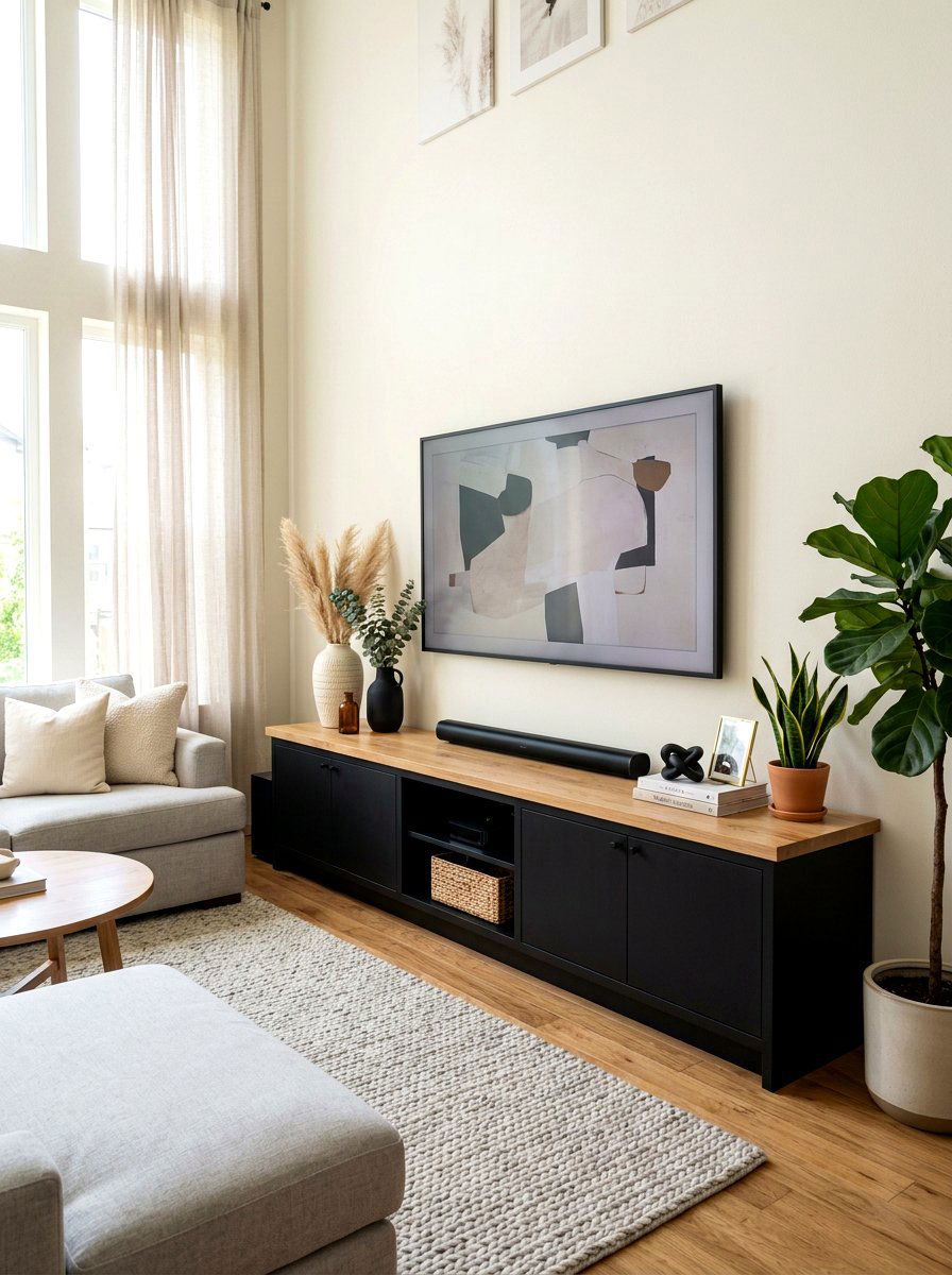 Media Console Black Finish Wood Top - 30 black and wood decor ideas