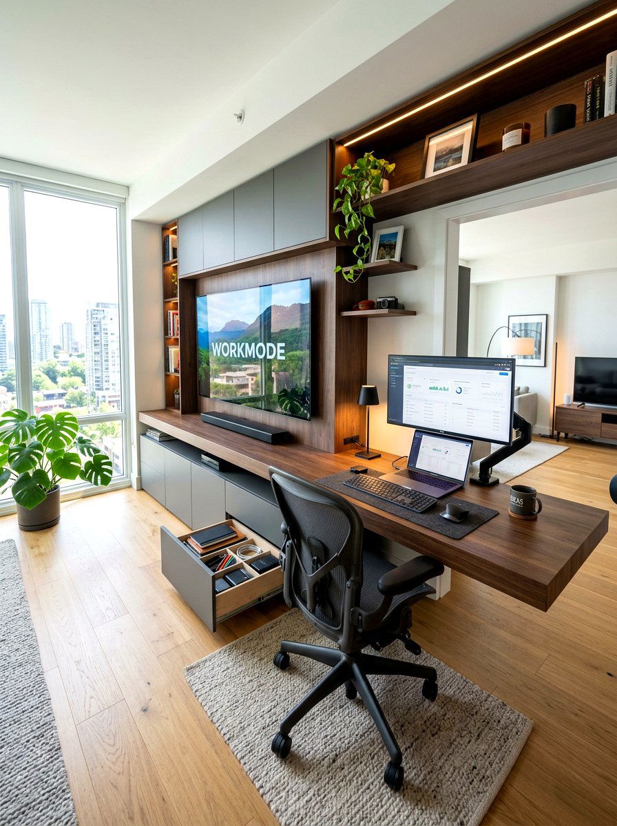Media Wall With Desk Integration - 30 built in media wall ideas